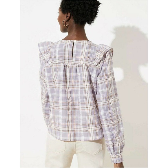 Ann Taylor LOFT Plaid Ruffle Cropped Blouse Large - Picture 2 of 9
